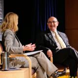 Leeds School of Business Dean Sharon Matusik moderates a question and answer session from the CU Boulder community with Chancellor Phil DiStefano following his 2018 State of Campus speech at the UMC Glenn Miller Ballroom. (Photo by Glenn Asakawa/University of Colorado)