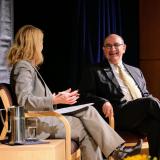 Leeds School of Business Dean Sharon Matusik moderates a question and answer session from the CU Boulder community with Chancellor Phil DiStefano following his 2018 State of Campus speech at the UMC Glenn Miller Ballroom. (Photo by Glenn Asakawa/University of Colorado)