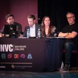 Judges listen to pitches and ask questions during the 2019 New Venture Challenge Finals at the Boulder Theater. (Photo by Glenn Asakawa/University of Colorado)