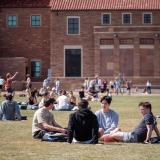 Students enjoying a spring day on campus