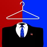 A suit with a hanger above it, and red and blue opposing backgrounds