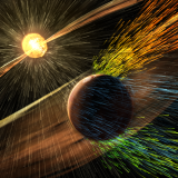 An illustration of Mars' atmosphere escaping into space during a solar storm.