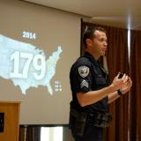 CU Boulder Police Sgt. John Zizz teaches an active harmer class at the UMC on Feb. 8, 2017.