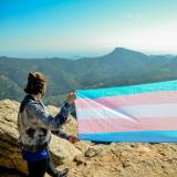 Two people hold up a trans pride flag at the top of a mountain