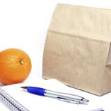 Brown bag with an orange, notebook and pen