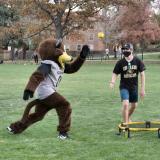 Buffalo mascot Chip playing lawn games with students