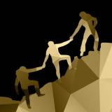 Illustration of people helping each other climb up a mountain