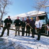 Ribbon cutting ceremony for CU Boulder's first two electric Buff Buses