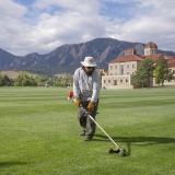 Facilities Management staff member uses trimmer on campus grounds