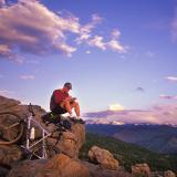 Person and bike on top of Flagstaff Mountain overlooking Boulder