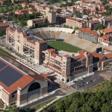 an aerial view of CU Boulder's Folsom Stadium, the Champions Center and Indoor Practice Facilities