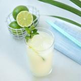 a glass of limeade with fresh lime and mint garnish