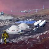 an illustration of possible future transit vehicles, habitats, and power systems on Mars