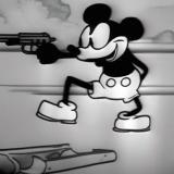 AI-generated image of Mickey Mouse robbing a steamboat at gunpoint
