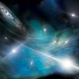 Illustration showing two merging black holes creating undulations in the fabric of space and time