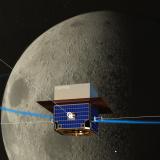 Artist's depiction of the DAPPER satellite in orbit around the moon.