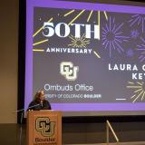 Laura Crawshaw presents during the Ombuds Office 50th anniversary celebration