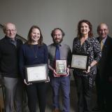 Past winners of the Anne K. Heinz Outreach Staff Award with Provost Russell Moore, far left, and Chancellor Phillip DiStefano, right