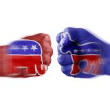 Two human fists, one painted blue with the Democratic donkey and the other red with the Republican elephant. face off knuckle-to-knuckle.