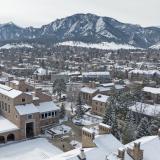 Aerial view of a snowy campus