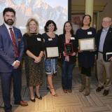 Office for Outreach and Engagement Director David Meens, Dean of Continuing Education Sara Thompson and Provost Russ Moore with 2018 award winners Stacey Forsyth, Amanda Giguere and Michelle Gabrieloff-Parish