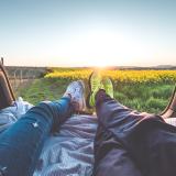 two people sitting with view of yellow flowers