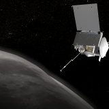 An illustration depicts the OSIRIS-REx craft near the Bennu asteroid.