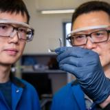 Chemistry chair Wei Zhang (Right) and Graduate Research Assistant Zepeng Lei study plastic materials in the Zhang Lab. 
