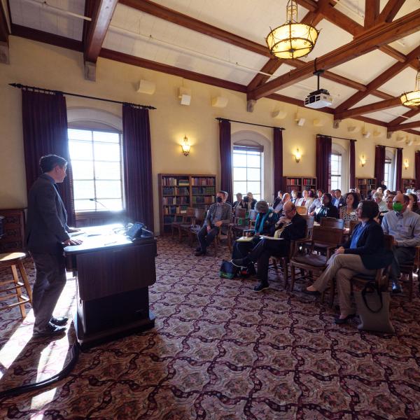 Speaker addresses attendees in the British and Irish Studies Room