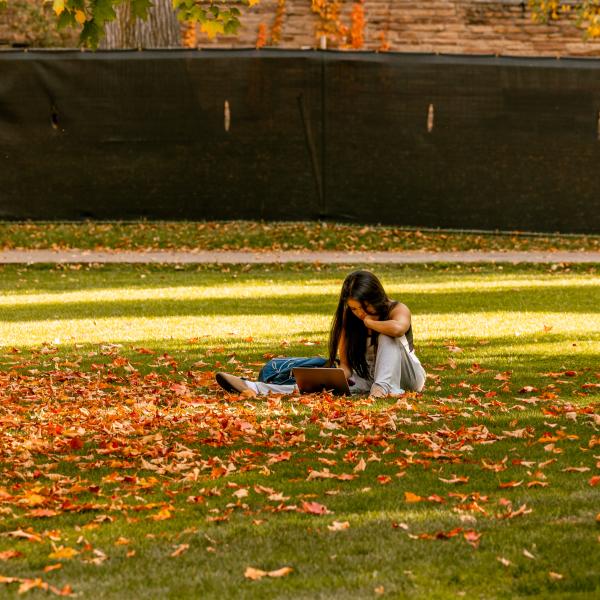 student working on laptop outside on campus