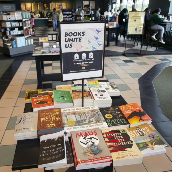 Banned books display in a book store