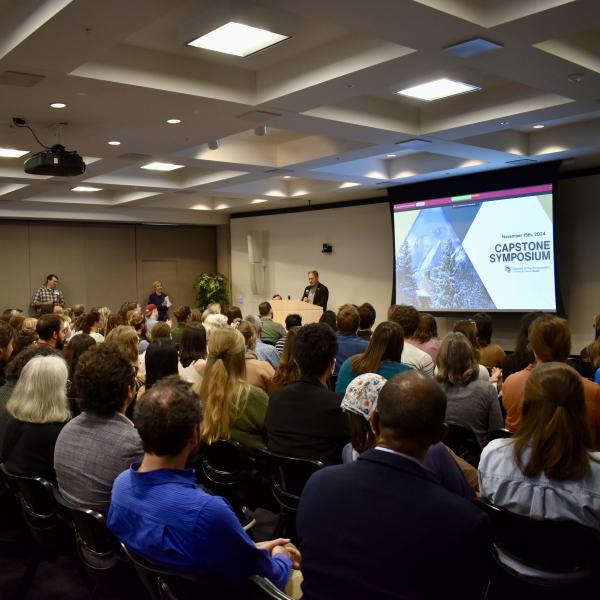 Chancellor Justin Schwartz addresses professional graduate students in the Masters of the Environment Program