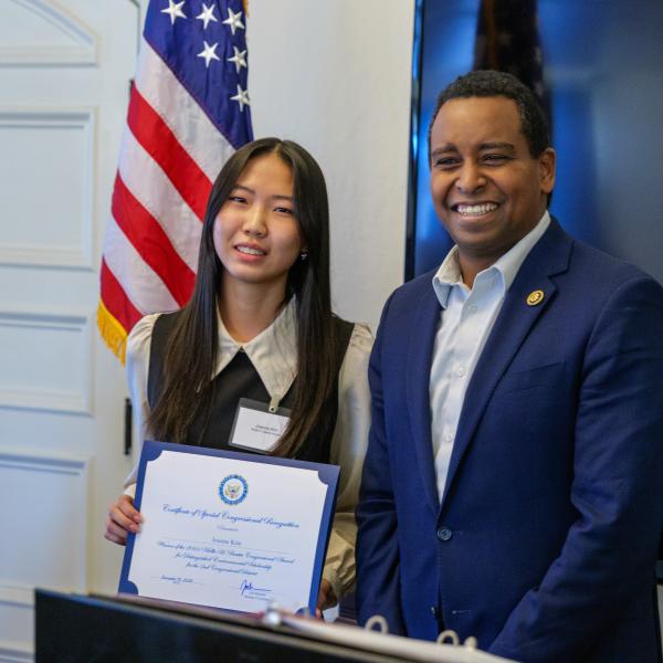 First-year student Joanne Kim and Congressman Joe Neguse