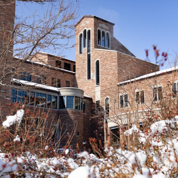 Campus building surrounded by snow