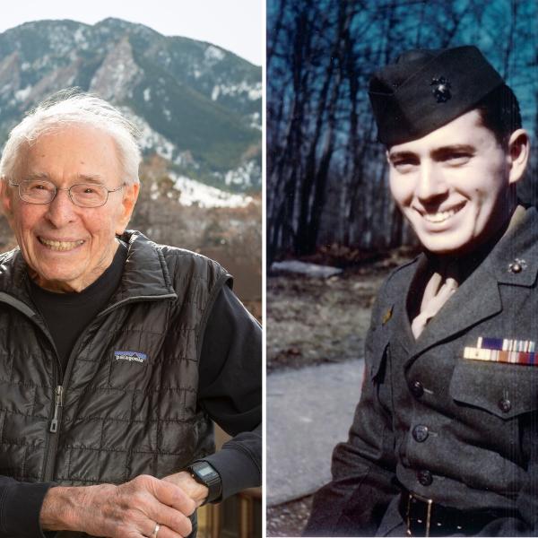Two images of Richard Jessor: today and as a Marine in uniform in his twenties.