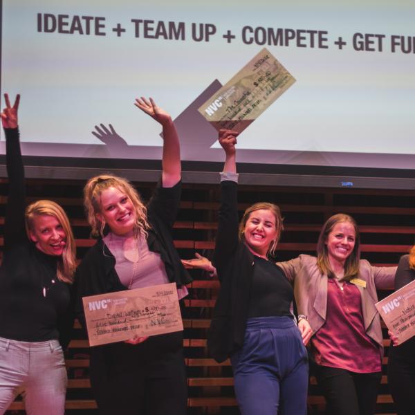 NVC 2015 women founders winners pose with prize checks