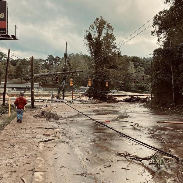 A street in Asheville, North Carolina, after Hurricane Helene
