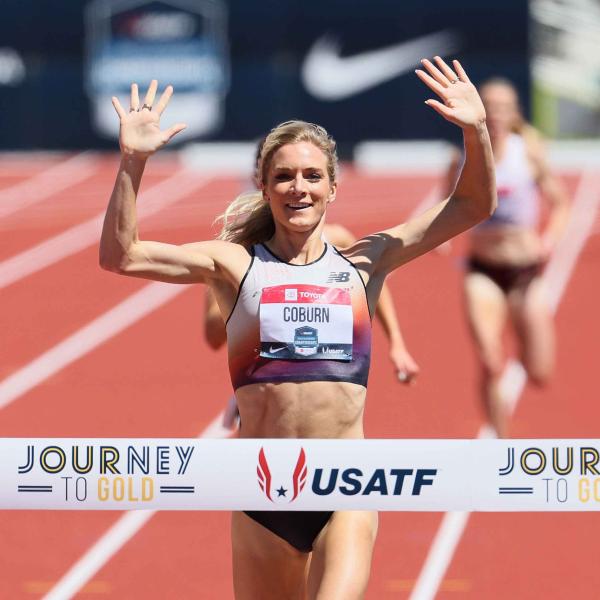 Emma Coburn winning the women's 3000 meter steeple chase