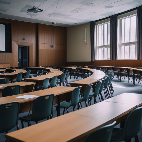 An empty lecture hall appears with rows of long, curved desks and black chairs.