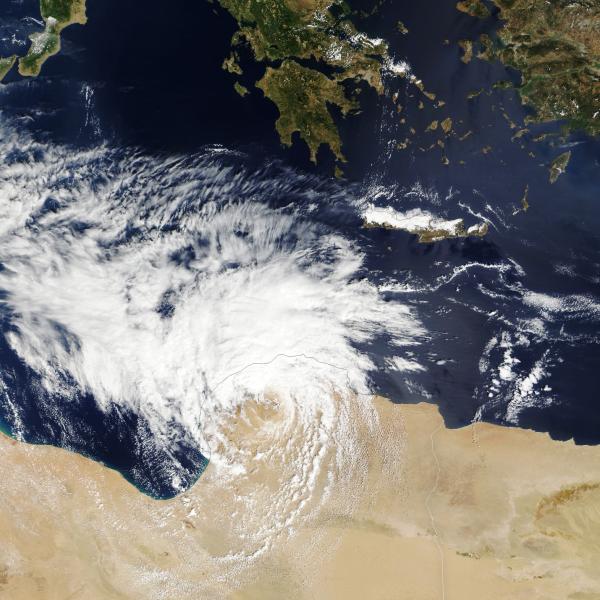 satellite image of the storm on Sept. 10 as it made landfall in northeastern Libya