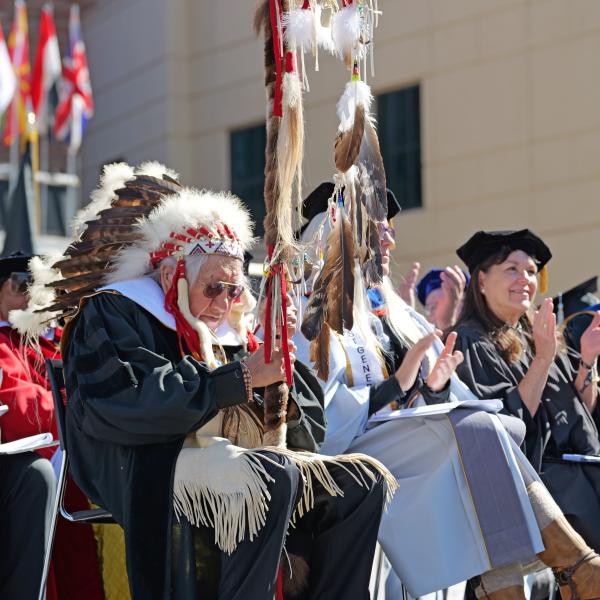 Chief Joseph American Horse joins the platform party during the commencement ceremony