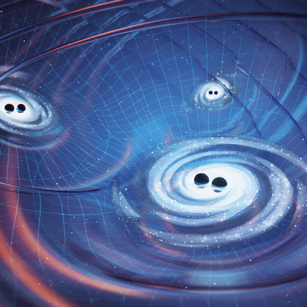 Illustration of several black holes circling around each other and producing ripples that spread out