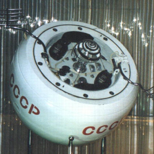 Spacecraft seen in a lab with the letters "CCCP" on its exterior