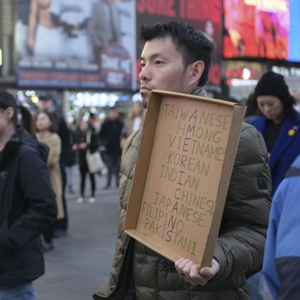 People gather for a rally in New York on March 16, 2023, to protest racism against Asian Americans