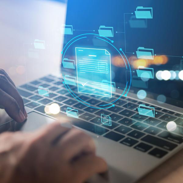 illustration of someone searching files on a laptop