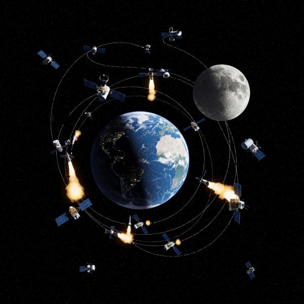 An image of earth and the moon against a black sky with numerous satellites swirling around.
