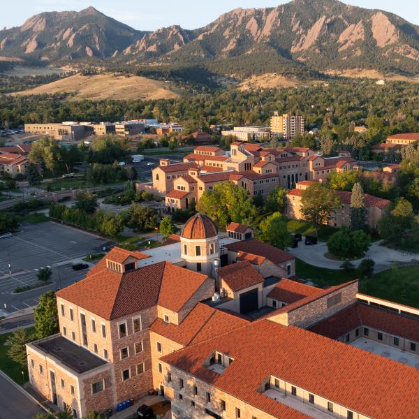 aerial view of the Koelbel building at sunrise