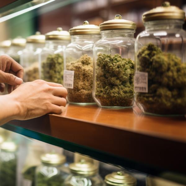Loose flower cannabis in jars at a retail store