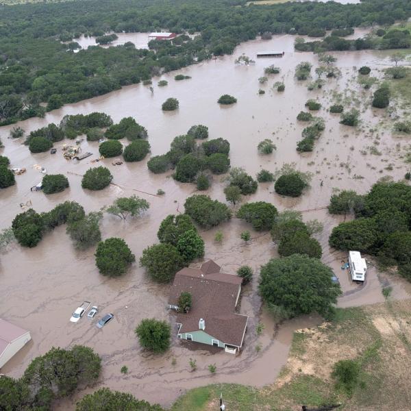 Houses and buildings submerged in floodwater