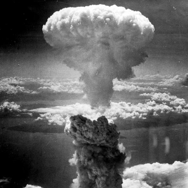Mushroom cloud above Nagasaki after atomic bombing on August 9, 1945.